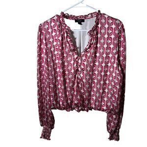 Haver London Blouse Women's XL V-Neck Metallic Cropped Long Sleeve Ruffle Top